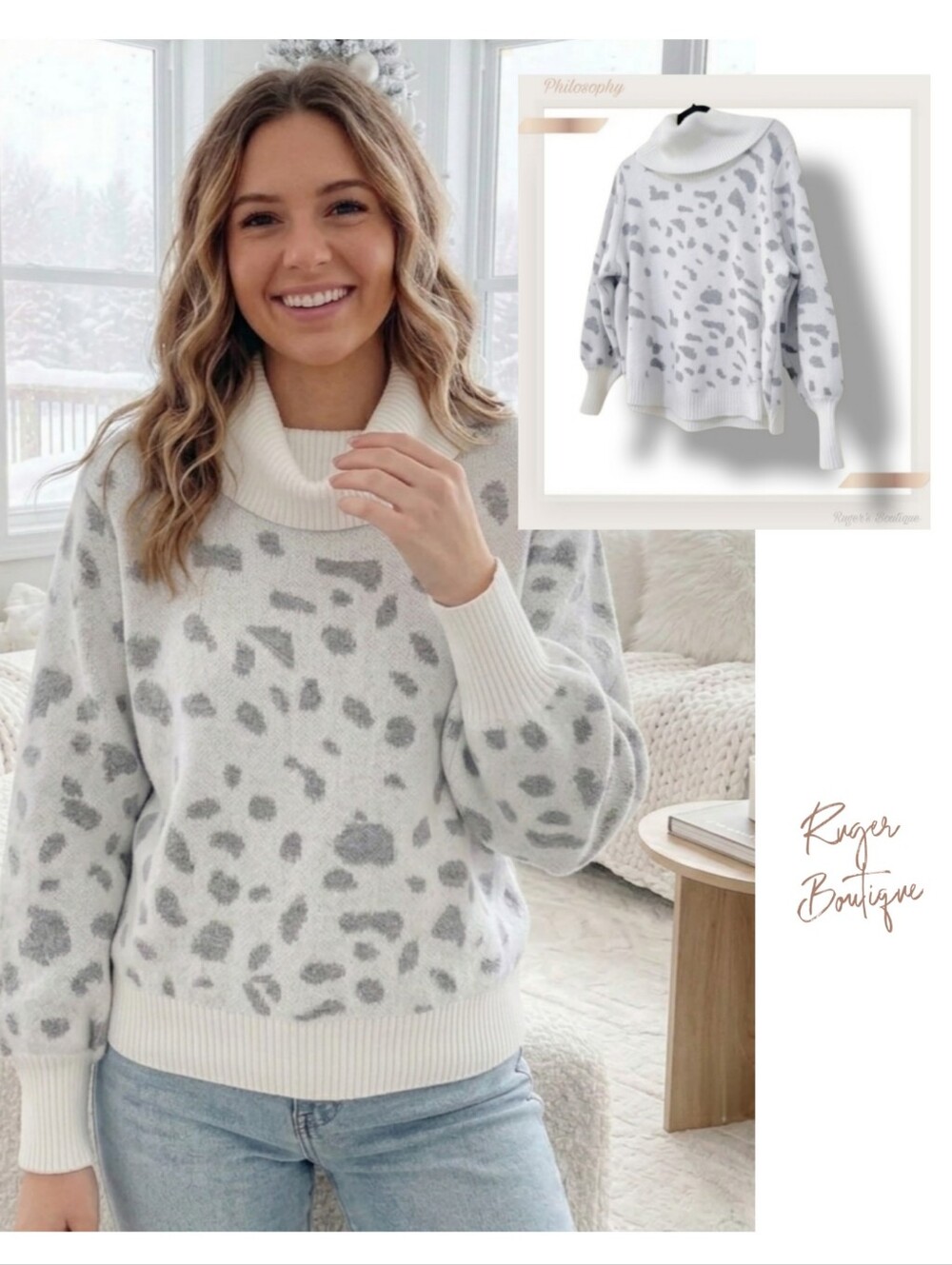 🌿Philosophy Women's Off White & Gray Animal Print Cowl Neck Sweater